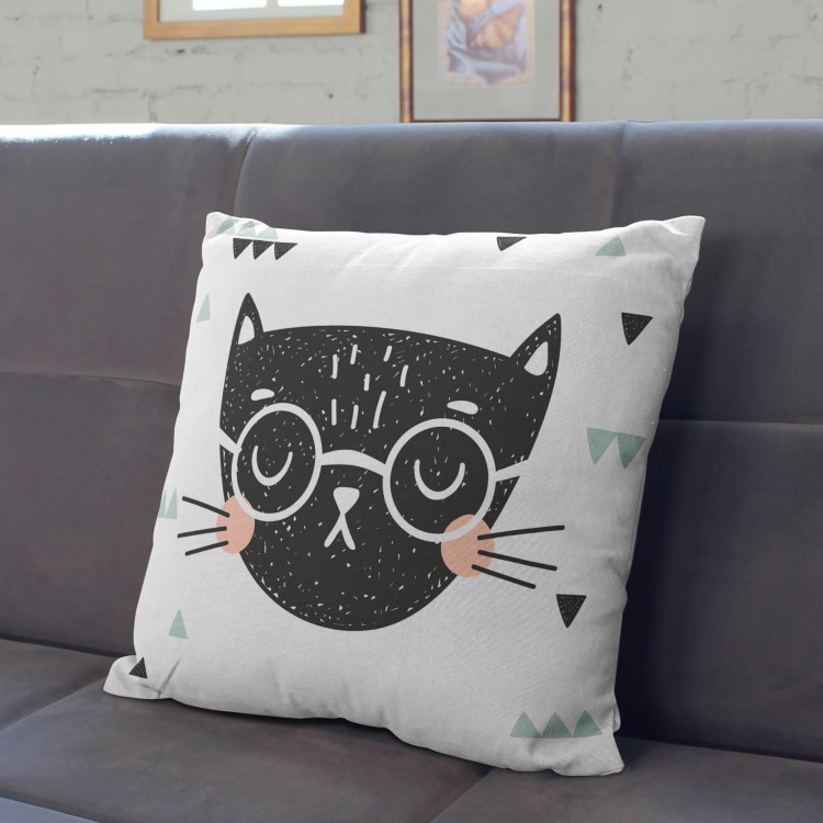 Decorative Microfiber Pillow The face of a cat - animal and triangles on black and white background cushions 147022 additionalImage 3