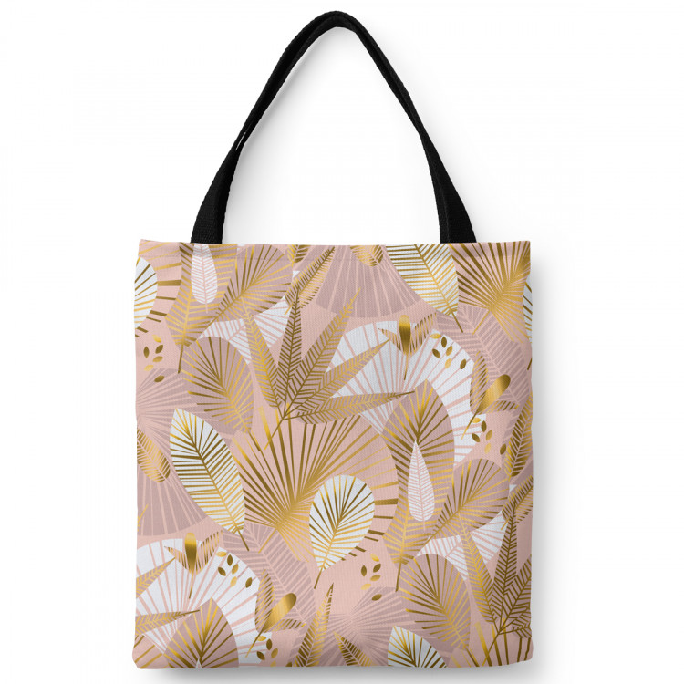 Shopping Bag Minimalist leaves - floral motif in gold on a pink background 147622