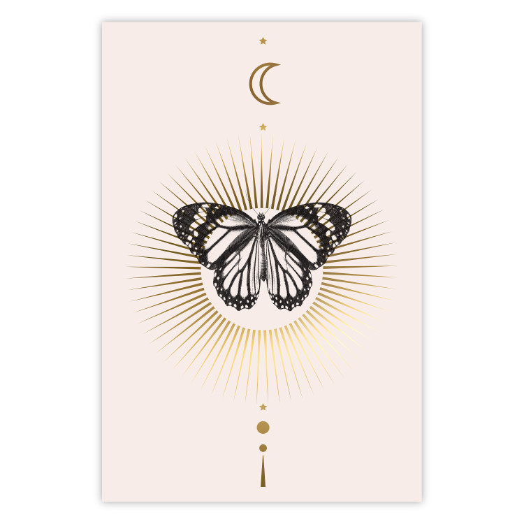 Poster Butterfly's Secret - black and white insect against pink and golden sun 136542