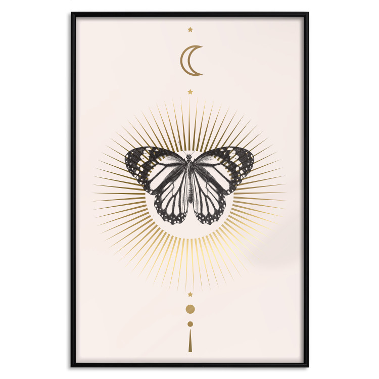 Poster Butterfly's Secret - black and white insect against pink and golden sun 136542 additionalImage 5