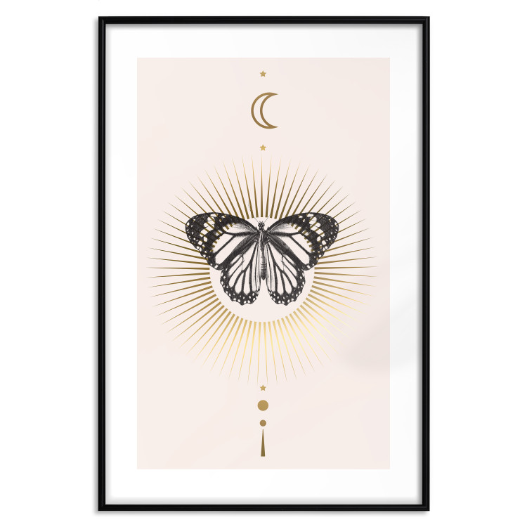 Poster Butterfly's Secret - black and white insect against pink and golden sun 136542 additionalImage 3