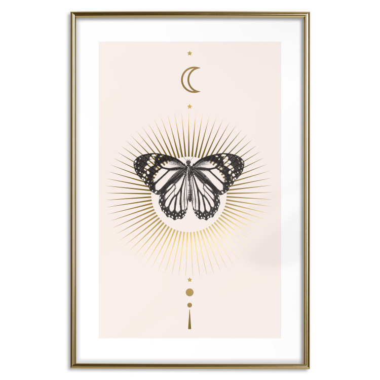 Poster Butterfly's Secret - black and white insect against pink and golden sun 136542 additionalImage 2