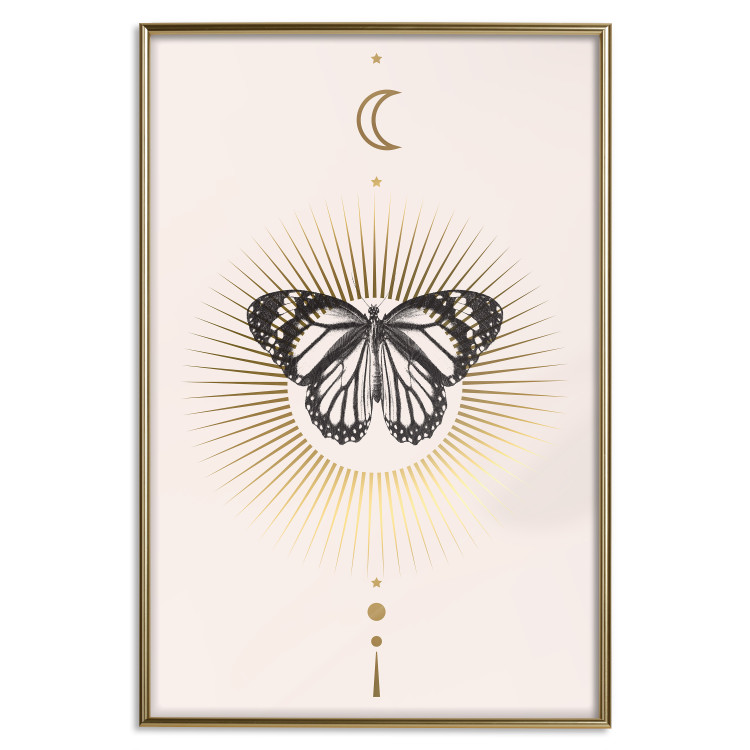 Poster Butterfly's Secret - black and white insect against pink and golden sun 136542 additionalImage 4