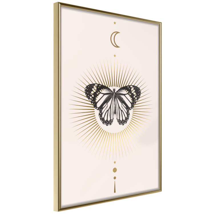 Poster Butterfly's Secret - black and white insect against pink and golden sun 136542 additionalImage 16