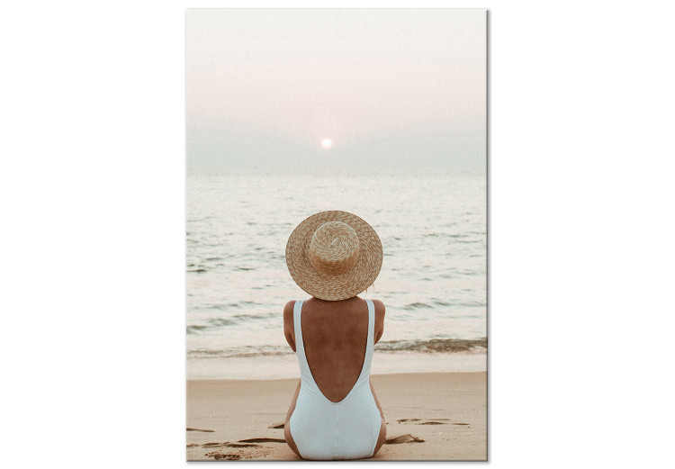 Canvas Woman in hat on the beach - Marine landscape with sunset 135852