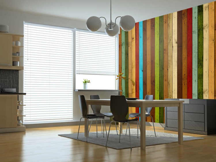 Wall Mural Wooden Rainbow - Design of painted colorful vertical wooden boards 61052