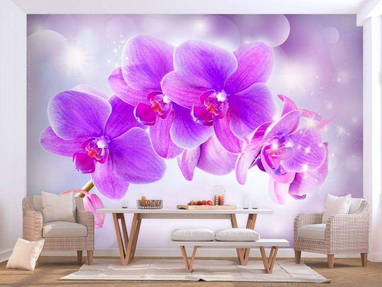 Wall Mural Purple orchids - floral motif on a background with light glow effect 106592
