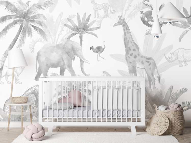 Wall Mural Tropical Safari - Wild Animals in Grays on a White Background 146592