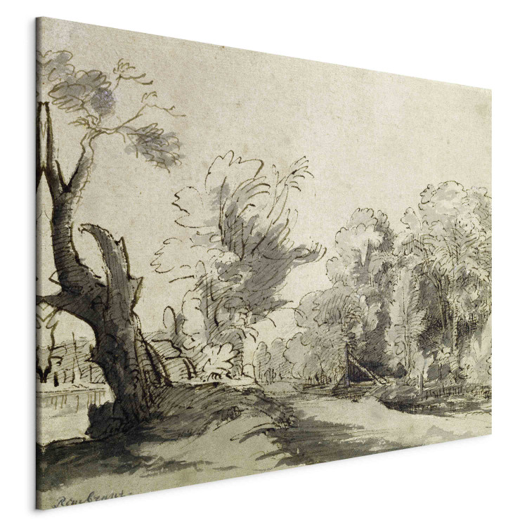 Canvas Landscape with a path, an almost dead tree on the left and a footbridge leading to a farm on the right 154592 additionalImage 2