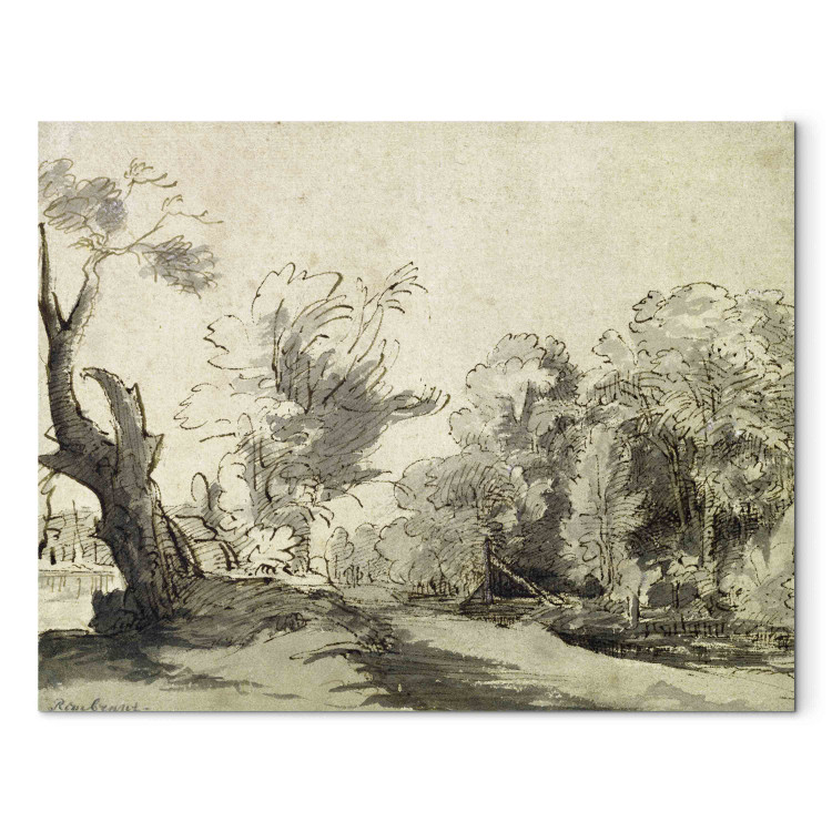 Canvas Landscape with a path, an almost dead tree on the left and a footbridge leading to a farm on the right 154592