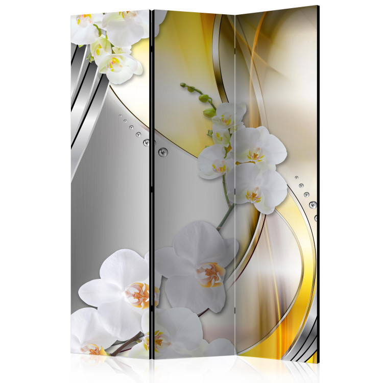 Room Divider Yellow Journey - white orchids on a background of silver and yellow abstraction 95392