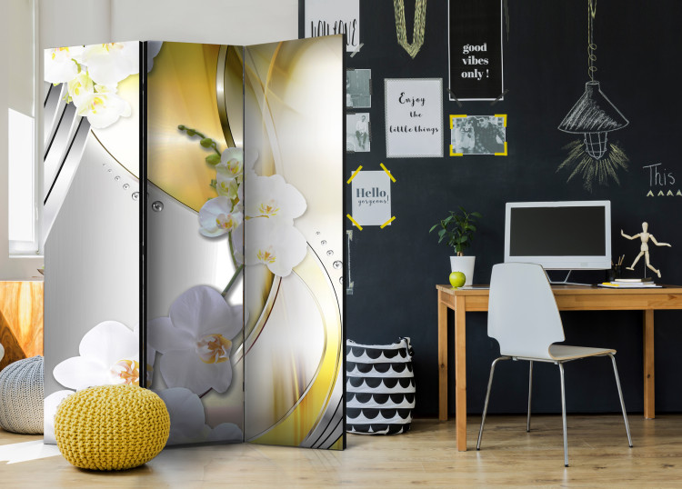 Room Divider Yellow Journey - white orchids on a background of silver and yellow abstraction 95392 additionalImage 4