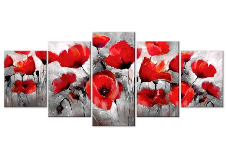 Canvas Nature in Art (5-part) - Painted Red Poppies on Gray Background 114503