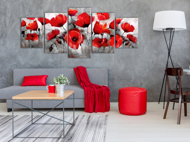 Canvas Nature in Art (5-part) - Painted Red Poppies on Gray Background 114503 additionalImage 3