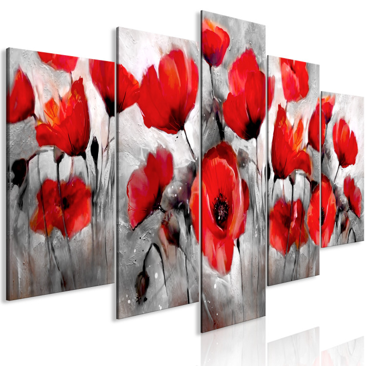 Canvas Nature in Art (5-part) - Painted Red Poppies on Gray Background 114503 additionalImage 2