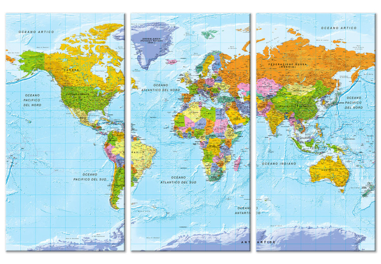 Canvas World Map in Italian (3-part) - Colorful Continent Shades 122343