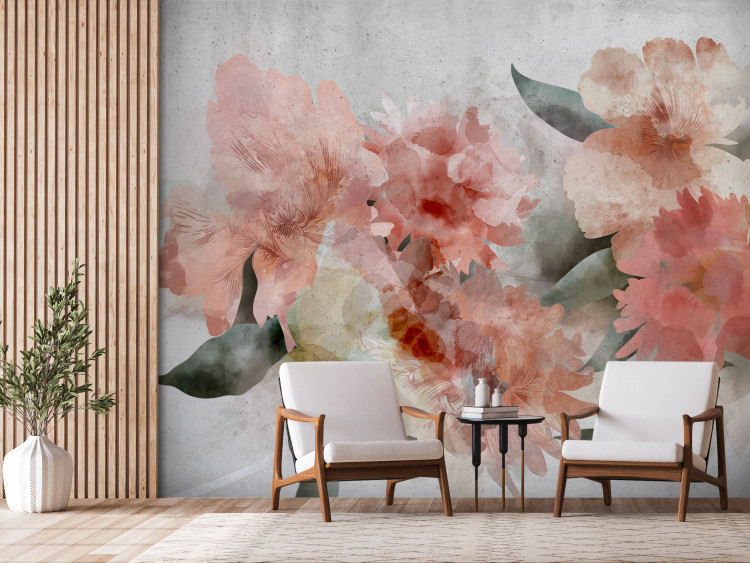 Wall Mural Flowering garden painted in watercolour - floral motif of pink peonies 135743