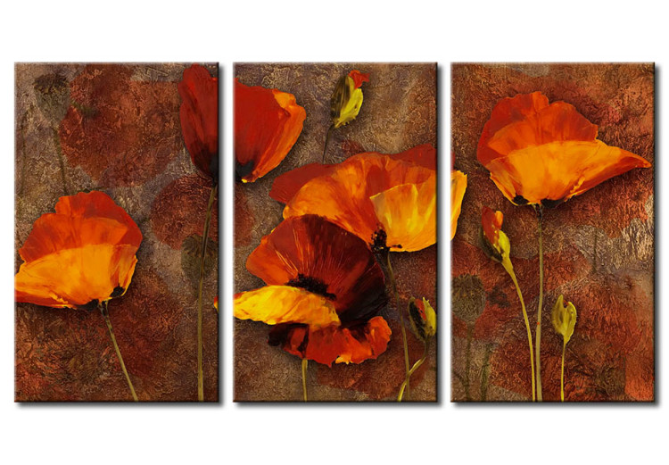 Canvas Subtle Poppies (3-piece) - Orange flowers on a brown background 48643