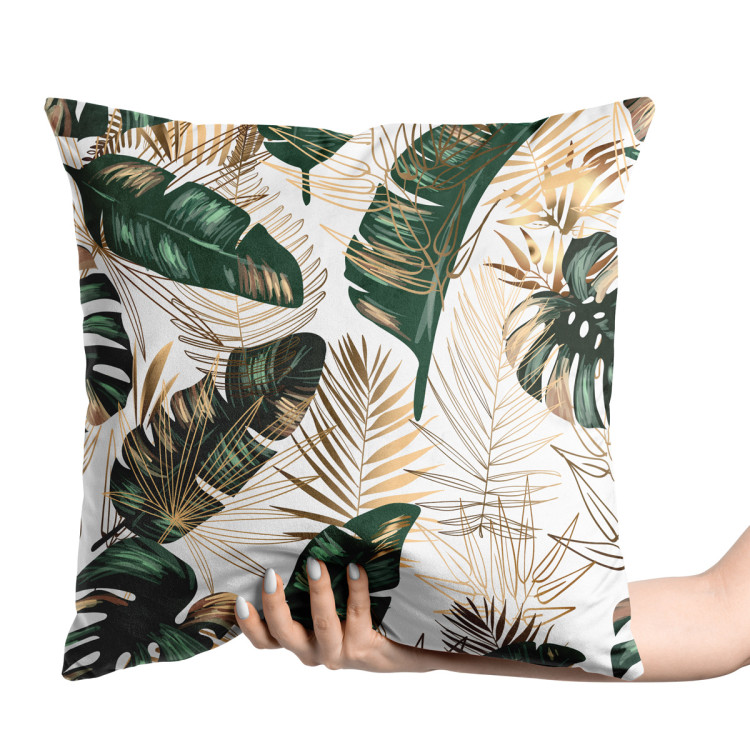 Decorative Velor Pillow Elegance of leaves - composition in shades of green and gold 147253 additionalImage 2