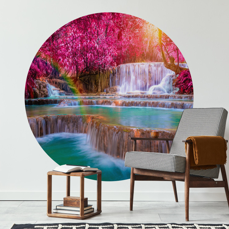 Round wallpaper Waterfall - Blue Cascades Against the Background of Colorful Trees and the Sun 149153 additionalImage 2