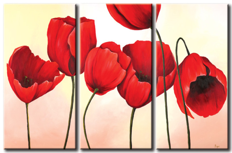 Canvas Red Flowers (3-piece) - Composition of tulips on a pastel background 48653