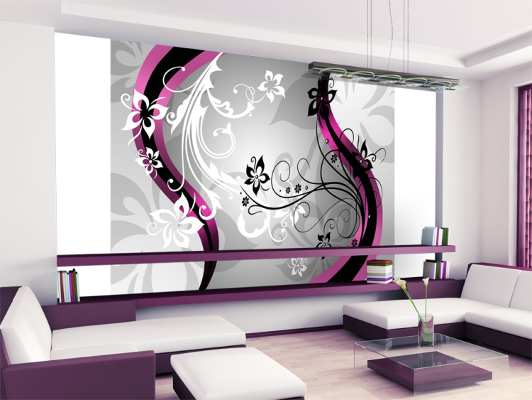 Wall Mural Floral fantasy with violet - pattern of subtle flowers on a grey background 97163