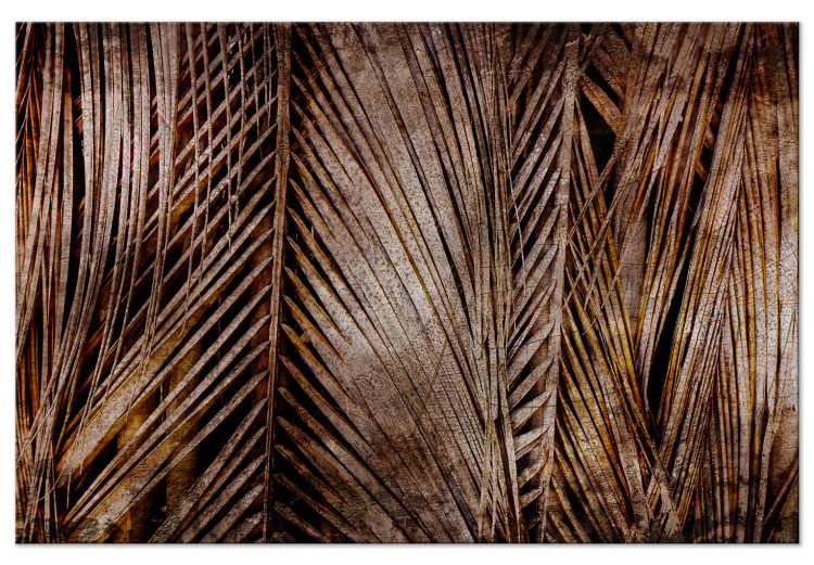 Canvas Golden rush- vertical, copper leaves palm coating black background 134973