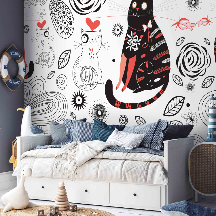 Wall Mural In Love Kittens - Two cats with leaf ornaments, hearts, and flowers 61273 additionalImage 6