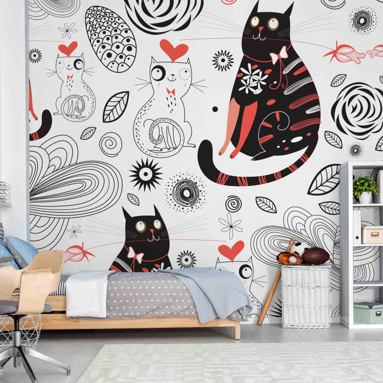 Wall Mural In Love Kittens - Two cats with leaf ornaments, hearts, and flowers 61273 additionalImage 4