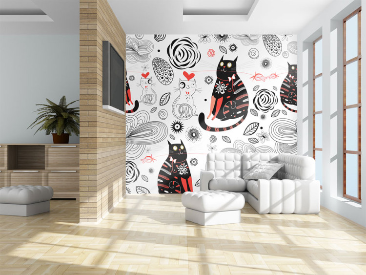 Wall Mural In Love Kittens - Two cats with leaf ornaments, hearts, and flowers 61273