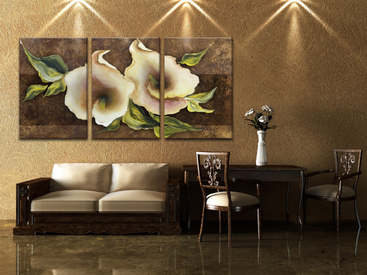 Canvas Calla lilies in brown tones (1-piece) - abstract floral motif with leaves 46693 additionalImage 2