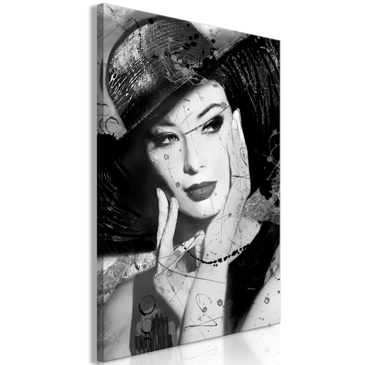 Canvas Woman with hat - black and white retro portrait of a woman 123904 additionalImage 2