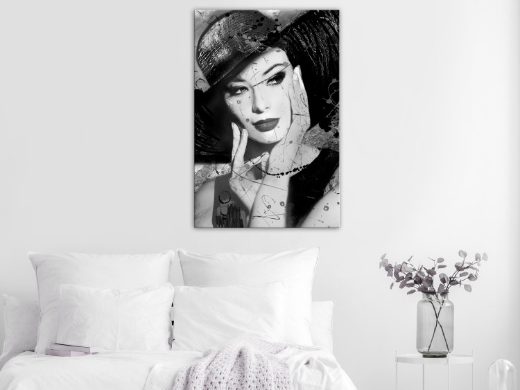 Canvas Woman with hat - black and white retro portrait of a woman 123904 additionalImage 3