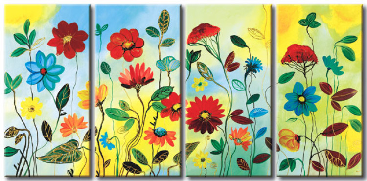Canvas Fantasy Meadow (4-piece) - Colourful flowers on a blue sky background 48624