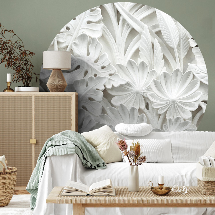 Round wallpaper Statuesque Leaves - Bright Spatial Composition of Plaster Plants 149164 additionalImage 2