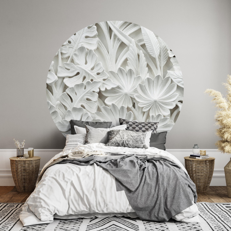 Round wallpaper Statuesque Leaves - Bright Spatial Composition of Plaster Plants 149164
