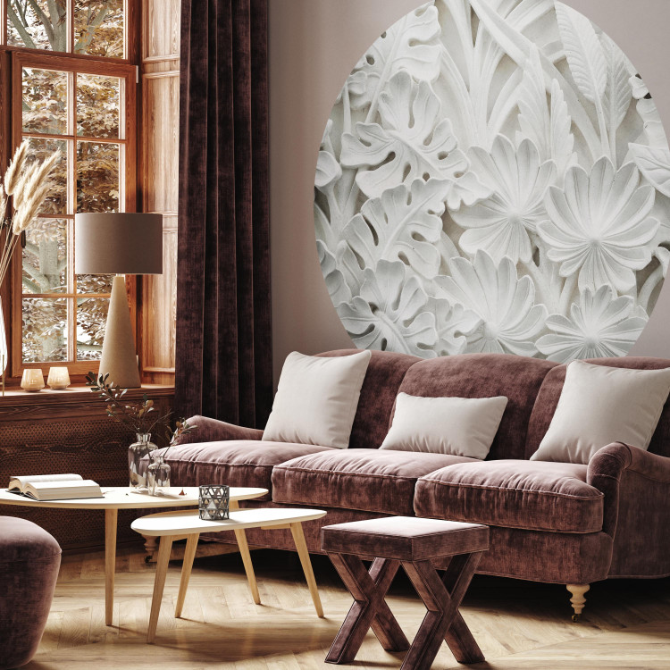 Round wallpaper Statuesque Leaves - Bright Spatial Composition of Plaster Plants 149164 additionalImage 3