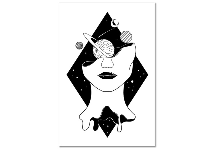 Canvas Planets, Moon and woman figure in a diamond - black-white abstraction 128484
