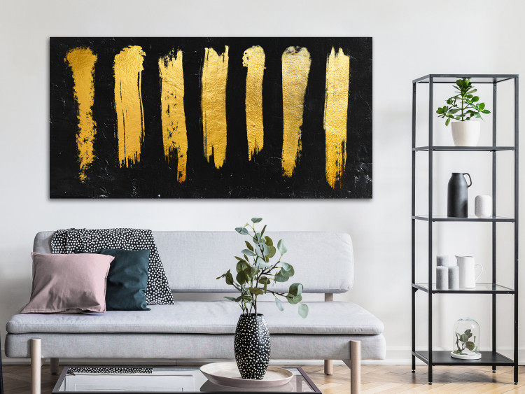 Canvas Golden brush lines - modern abstraction on black background 134384 additionalImage 3