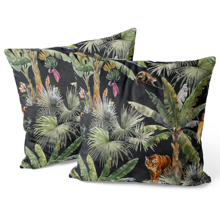 Decorative Velor Pillow In the jungle - palm trees, tiger and monkey on dark background 147284 additionalImage 3