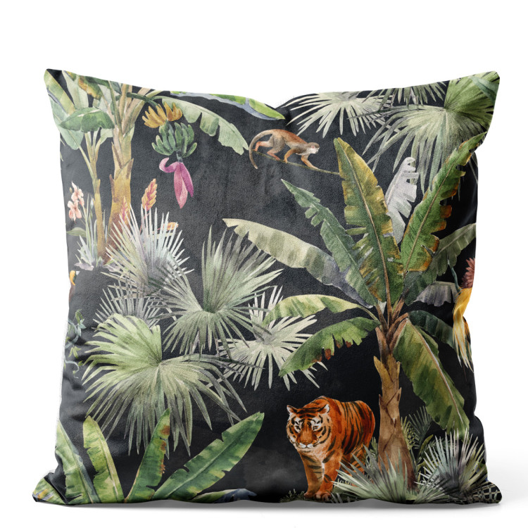 Decorative Velor Pillow In the jungle - palm trees, tiger and monkey on dark background 147284