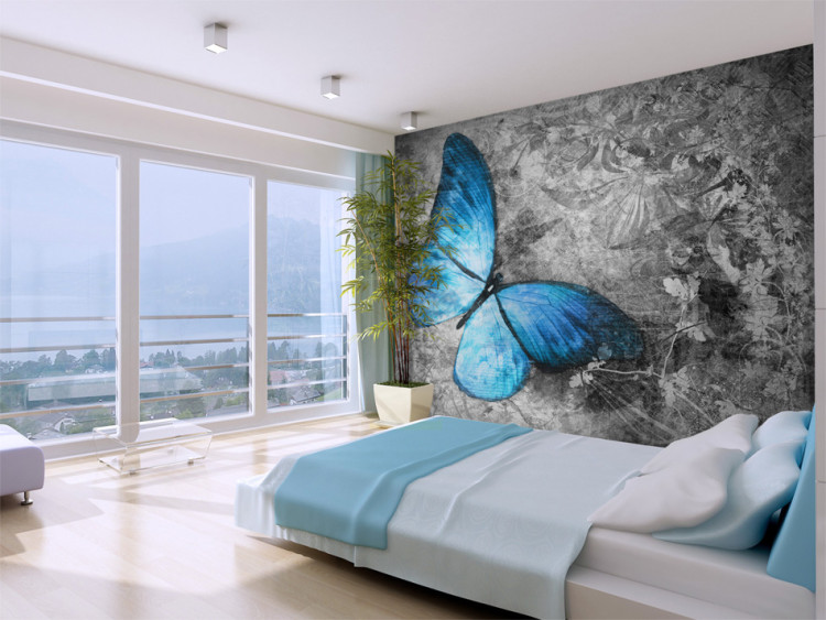 Wall Mural Insect World - Beautiful blue butterfly on a gray retro pattern background 61284