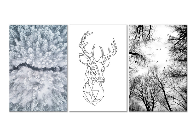 Canvas Winter triptych - geometric deer and snow-covered trees 117105