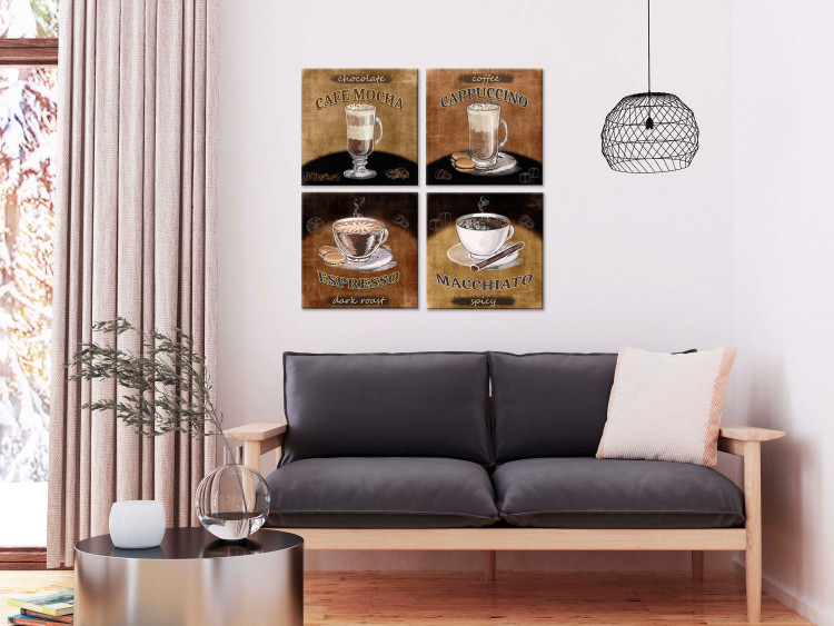 Canvas Coffee Variations (4-part) - beverages with inscriptions in retro motif 129315 additionalImage 3