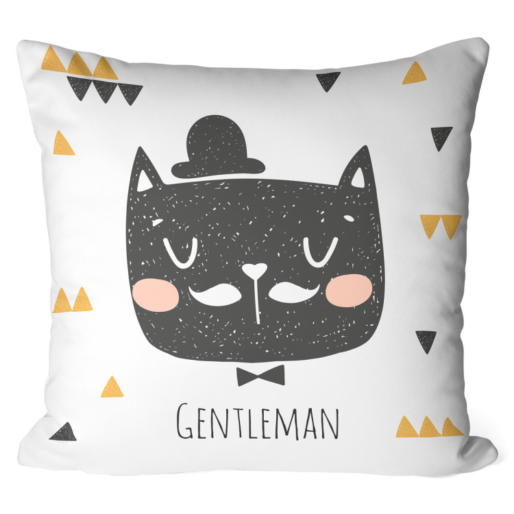 Decorative Microfiber Pillow Dignified cat - animal wearing a hat, triangles, 'Gentleman' caption cushions 147025