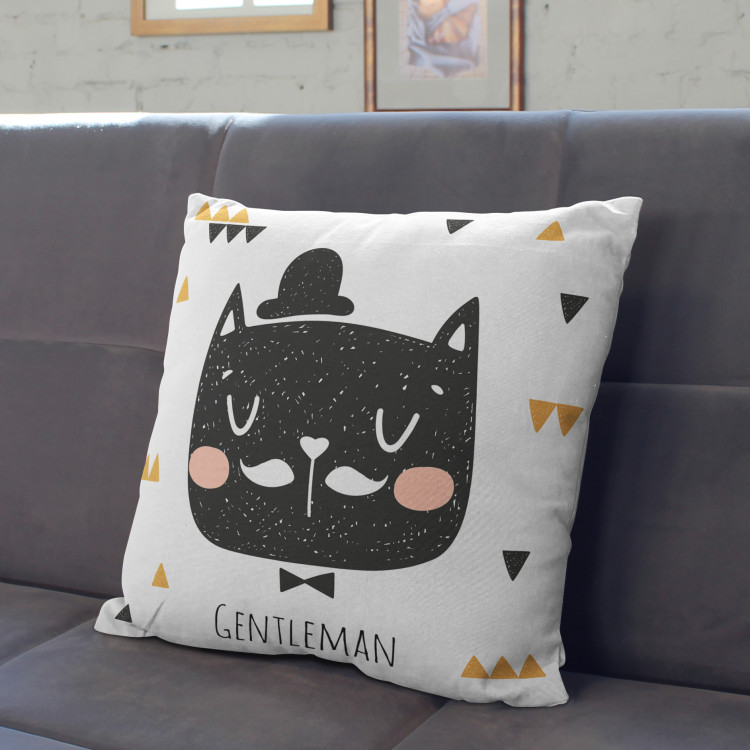 Decorative Microfiber Pillow Dignified cat - animal wearing a hat, triangles, 'Gentleman' caption cushions 147025 additionalImage 2