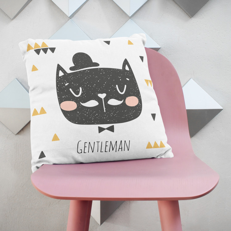Decorative Microfiber Pillow Dignified cat - animal wearing a hat, triangles, 'Gentleman' caption cushions 147025 additionalImage 3