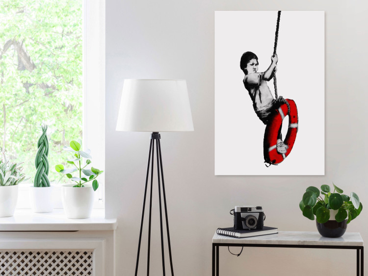 Canvas Boy with a lifebuoy - black and white graphic in street art style 132435 additionalImage 3