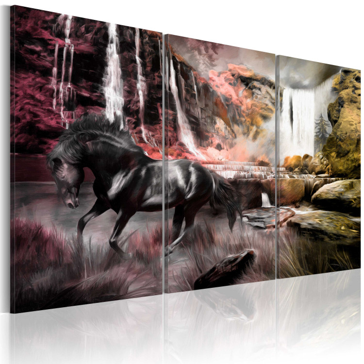 Canvas Waterfall and horse - a natural stone landscape with a black animal 55645 additionalImage 2