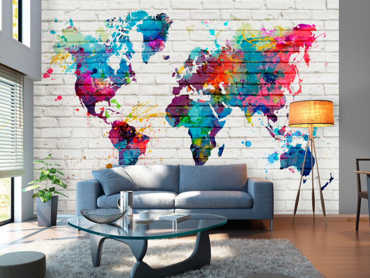 Wall Mural Colourful travel - world map in watercolour motif on white brick 97545